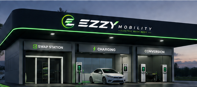 Rider swapping a battery pack at an Ezzy Mobility station